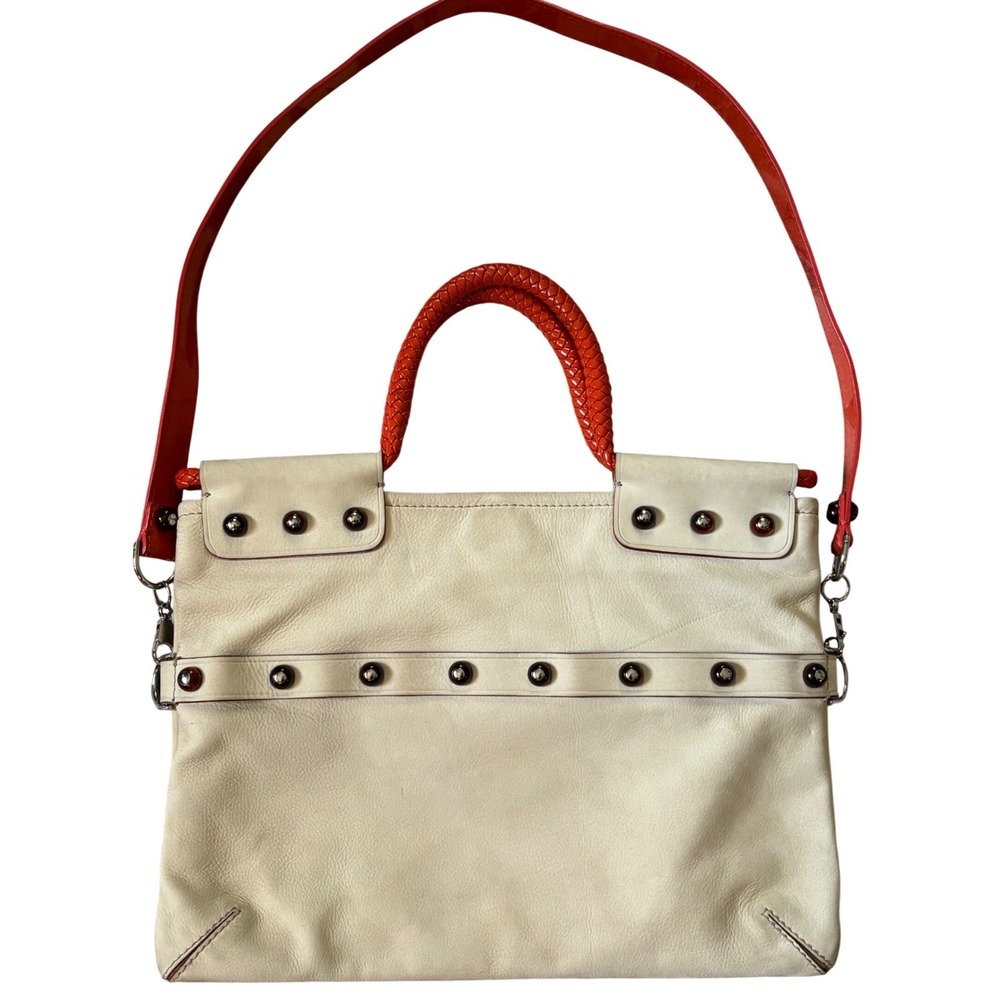 Vintage Lanvin Studded Holdover Paris Cream Leather Shoulder Bag Orange Braided